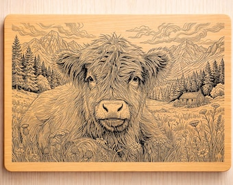 Highland Kuh Gravur SVG PNG - Rustikale Bauernhof Tier Lasergravur Datei, Berghütte Holzverbrennungsmuster, Kuh Kunst