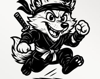 Ninja Fox Clipart: Black and White Cartoon Warrior (SVG, PNG, PDF)