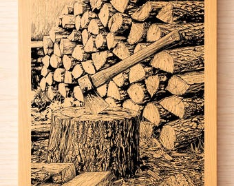 Brennholz Axt Gravur SVG PNG - Holz Lasergravur, rustikales Holzfäller Holzbrennmuster, Hüttendekor