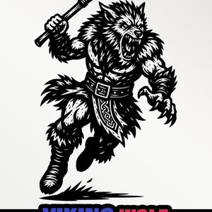 Puede incluir: Ilustración en blanco y negro de un lobo vikingo empuñando un hacha. El lobo se representa en una pose dinámica, con cinturón y detalles de pelaje. El texto en la parte inferior dice "VIKING WOLF" y "SVG • PNG • PDF". Se permite el uso comercial.