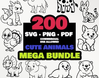 200 süße Tier SVG Bundle | Kawaii Tiere Clipart PNG PDF | Kommerzielle Nutzung | Cricut Sublimation Silhouette T-Shirt Laser Gravur dtf