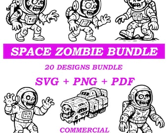Paquete de arte digital SVG y PNG de zombi espacial: 20 diseños para cortar, imprimir, láser y proyectos de bricolaje. Sublimación de pegatinas DTF.