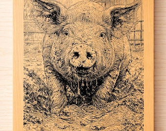 Schwein Gravur SVG PNG - Bauernhof Tier Lasergravur Datei, rustikale Bauernhaus Holzverbrennungsmuster, niedliche Schweine Kunst