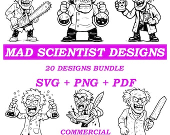 Paquete de arte digital SVG y PNG de un científico loco: 20 diseños para cortar, imprimir, usar láser y proyectos de bricolaje