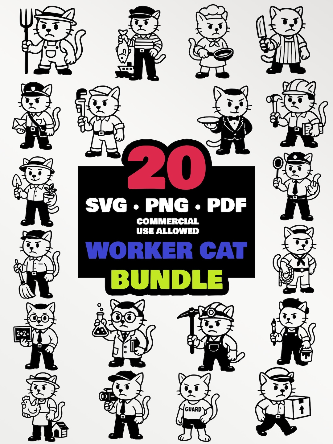 Worker Cat Clipart Bundle | 20 Job-themed Cats (SVG, PNG, PDF) - Etsy