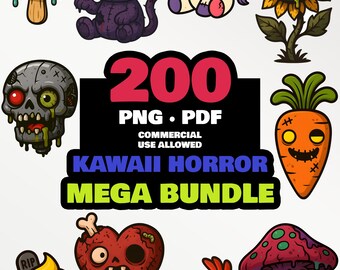 200 graziosi clipart horror di Halloween / bundle di PNG carini e spettrali / download digitale kawaii inquietante / adesivo per incisione DTF su maglietta con silhouette Cricut