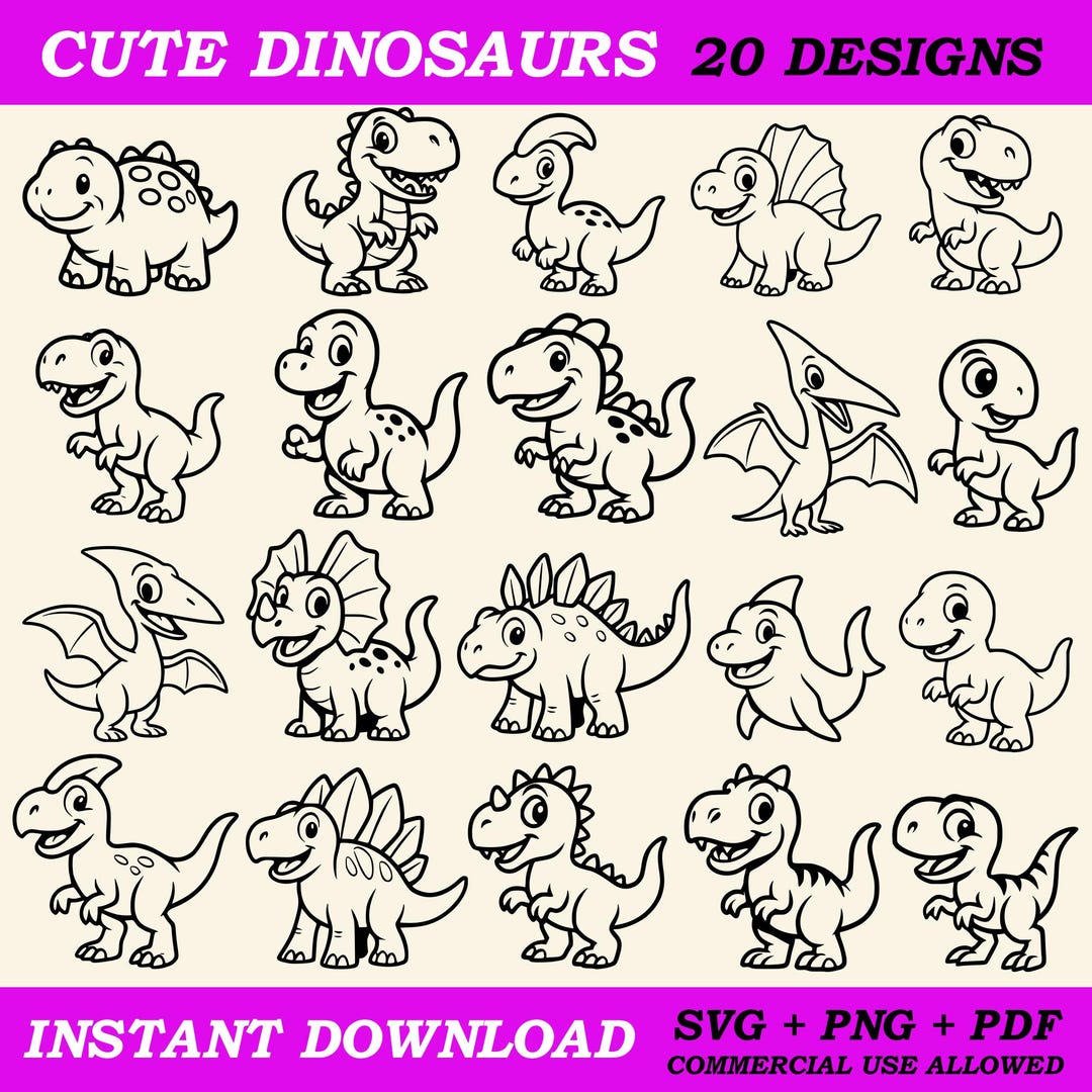 Cute Dinosaurs SVG & PNG Digital Art Bundle – 20 Designs for Cutting ...