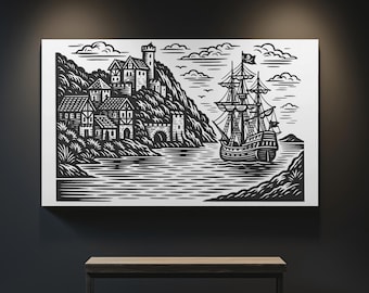 Pirate Cove Wandkunst SVG, Cliff Village & Piratenschiff SVG PNG, Holzschnitt-Stil Laserschnitt-Datei, Gravurkunst, Vintage Piratenszene