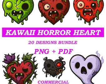 Paquete de imágenes prediseñadas de Halloween con corazones de terror kawaii / Paquete de imágenes PNG DTF espeluznantes / Descarga digital kawaii espeluznante / Pegatina de camiseta con silueta de Cricut