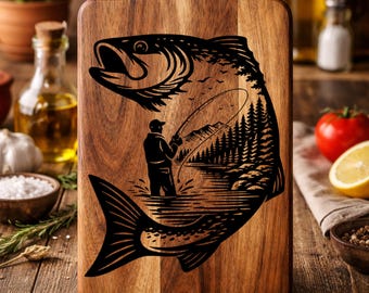 Fischer Holzgravur Laser Design Clipart - Angelszene mit Fisch Silhouette - SVG PNG PDF