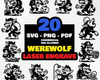 Pakiet grawerowania laserowego wilkołaka SVG 20 projektów wilkołaków z kreskówek dla Glowforge xTool Omtech Wood Leather Slate Engrave Files LightBurn PNG PDF