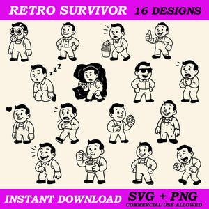 May include: Sixteen black and white retro illustrations of a man in different poses. The text "RETRO SURVIVOR 16 DESIGNS" is at the top, and "INSTANT DOWNLOAD SVG + PNG" is at the bottom. The images are in a vintage style.