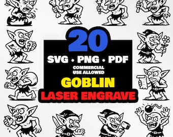 Paquete de archivos SVG para grabado láser de duendes / 20 duendes divertidos para Glowforge xTool Omtech / Grabado de vasos de madera y cuero / Archivo de corte LightBurn PNG PDF