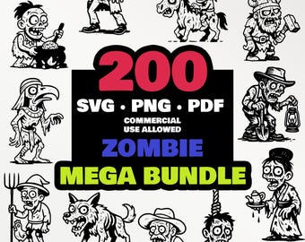 200 Halloween Zombie SVG PNG Pdf Bundle Horror Clipart für Cricut Silhouette T-Shirt Becher Laser Gravur Sublimation DTF Aufkleber Digital Art