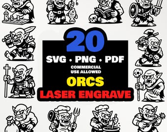 Pakiet SVG z grawerunkiem laserowym Orków | 20 fantastycznych projektów Orków dla Glowforge xTool Omtech | Pliki do grawerowania drewna, skóry i łupka LightBurn Cut PNG PDF