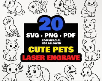 Niedliche Haustiere Laser Gravur Bundle | 20 entzückende Tier SVG PNG PDF für Glowforge xTool cnc Lightburn, Laser Cut Gravur Holz Leder Schiefer