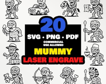 20 Mummy SVG Bundle for Laser Engraving Cartoon Monster Zombies Clipart Laser Cut Files PNG PDF Vector Engrave Design Pack Halloween Horror