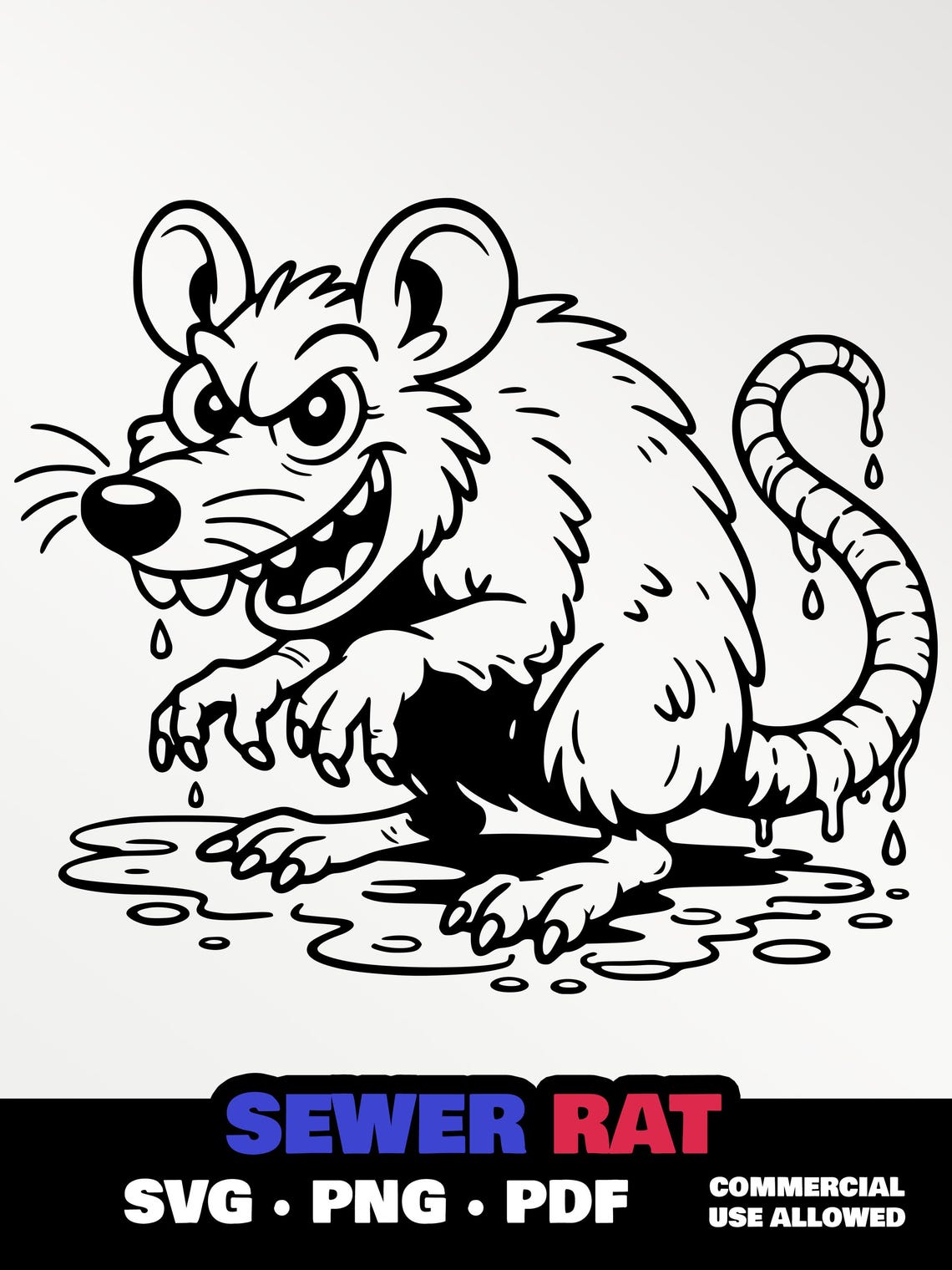 Sewer Rat SVG PNG PDF | Dirty Sewer Rat Cartoon Clipart | Black & White ...
