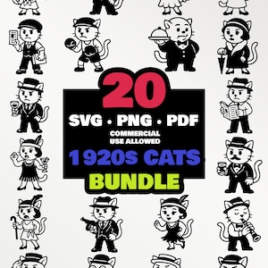 May include: A collection of 20 black and white illustrations of cats dressed in 1920s attire. The cats are depicted in various poses, some holding objects like a gun, a martini glass, or a newspaper. The image includes the text "20 SVG PNG PDF 1920s Cats Bundle".