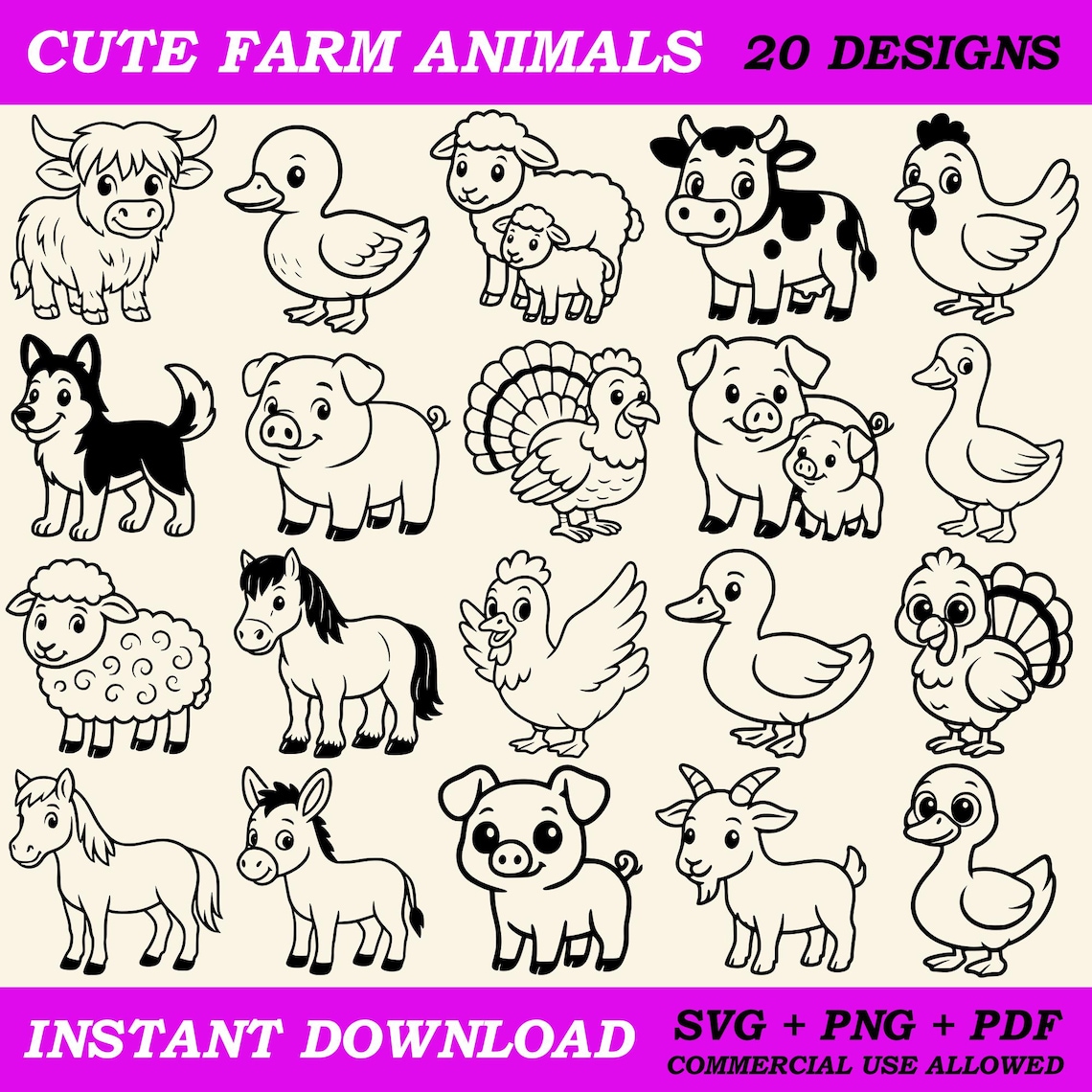 Cute Farm Animals SVG PNG Bundle | Cow Pig Chicken Goat Vector Clipart ...