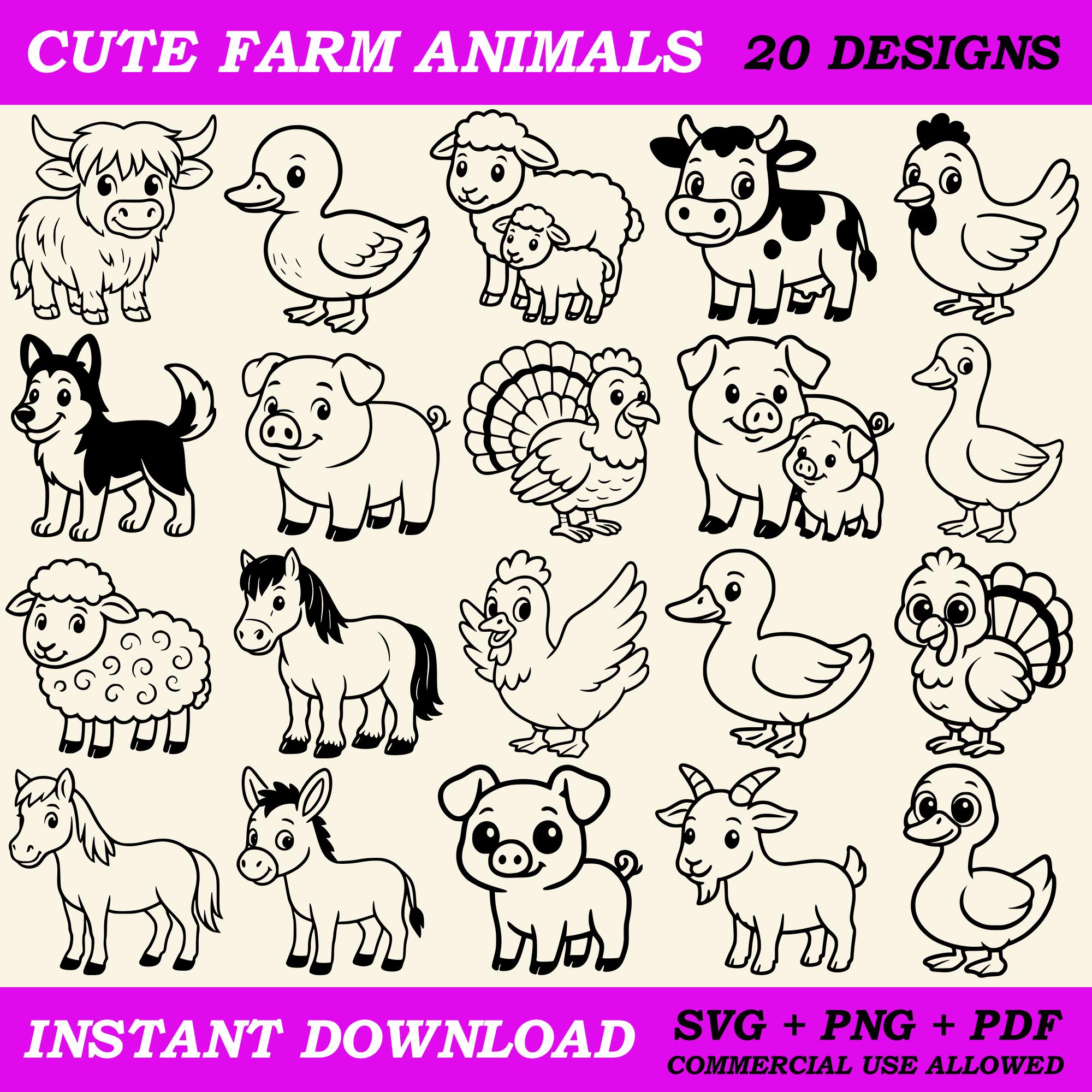 Cute Farm Animals SVG PNG Bundle | Cow Pig Chicken Goat Vector Clipart ...