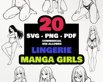 20 Manga Lingerie Girls PNG SVG Bundle Clipart do koszulki Cricut Silhouette DTF Laser Engraving Sublimation Sticker Digital Art
