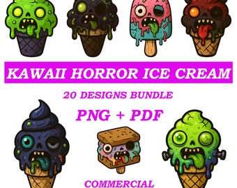 Paquete PNG de helado de Halloween de terror kawaii / Clipart espeluznante, lindo y espeluznante para sublimación de siluetas de Cricut, arte de camisetas y tazas, DTF