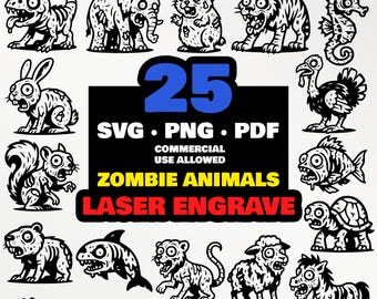 Zombie Tiere Laser Gravur Bundle | 25 Horror SVG PDF PDF für Glowforge xTool cnc Lightburn, Halloween Holzgravur, gruselige Haustier Designs