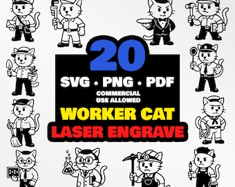 Arbeiter Katze SVG Bundle | Job Katze Clipart, Lasergravur (PDF, PNG)