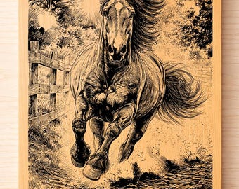 Laufendes Pferd Gravur SVG PNG - Wildpferd Lasergravur Datei, Western Ranch Holzbrennmuster, Reitkunst