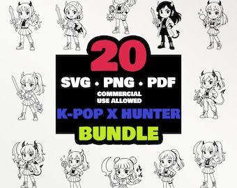 Clipart di ragazze cacciatrici di K-Pop / Disegni di guerrieri anime chibi (download digitale)