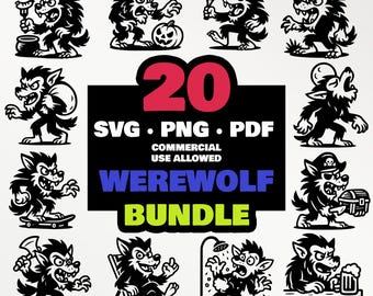 Clipart de hombre lobo de dibujos animados divertidos / Paquete de 20 SVG PNG PDF