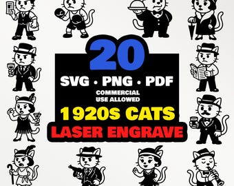 1920er Jahre Katzen Laser Gravur Bundle | Roaring 20s Katzenfiguren | SVG PNG PDF für Glowforge xTool Cricut | Vintage Art Deco Katze Gravur Set