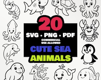 Niedliche Meerestiere SVG & PNG Digital Art Bundle - 20 Designs zum Schneiden, Drucken, Lasern, DIY-Projekte