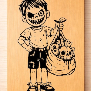 May include: Black and white illustration of a cartoon zombie boy holding a bag filled with skulls and eyeballs. The boy is wearing a t-shirt, shorts, and shoes. The image is on a wooden cutting board.