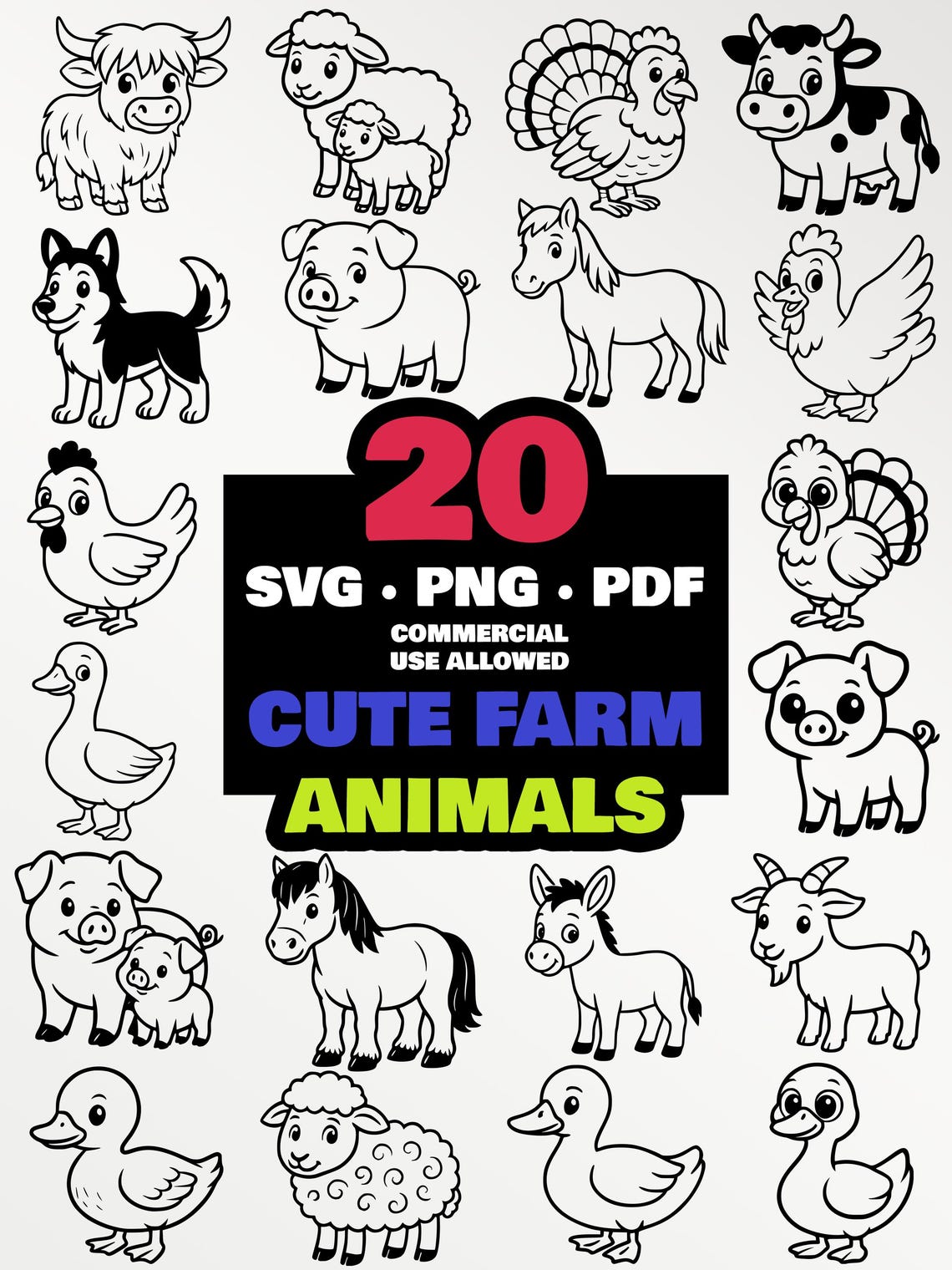 Cute Farm Animals SVG PNG Bundle | Cow Pig Chicken Goat Vector Clipart ...