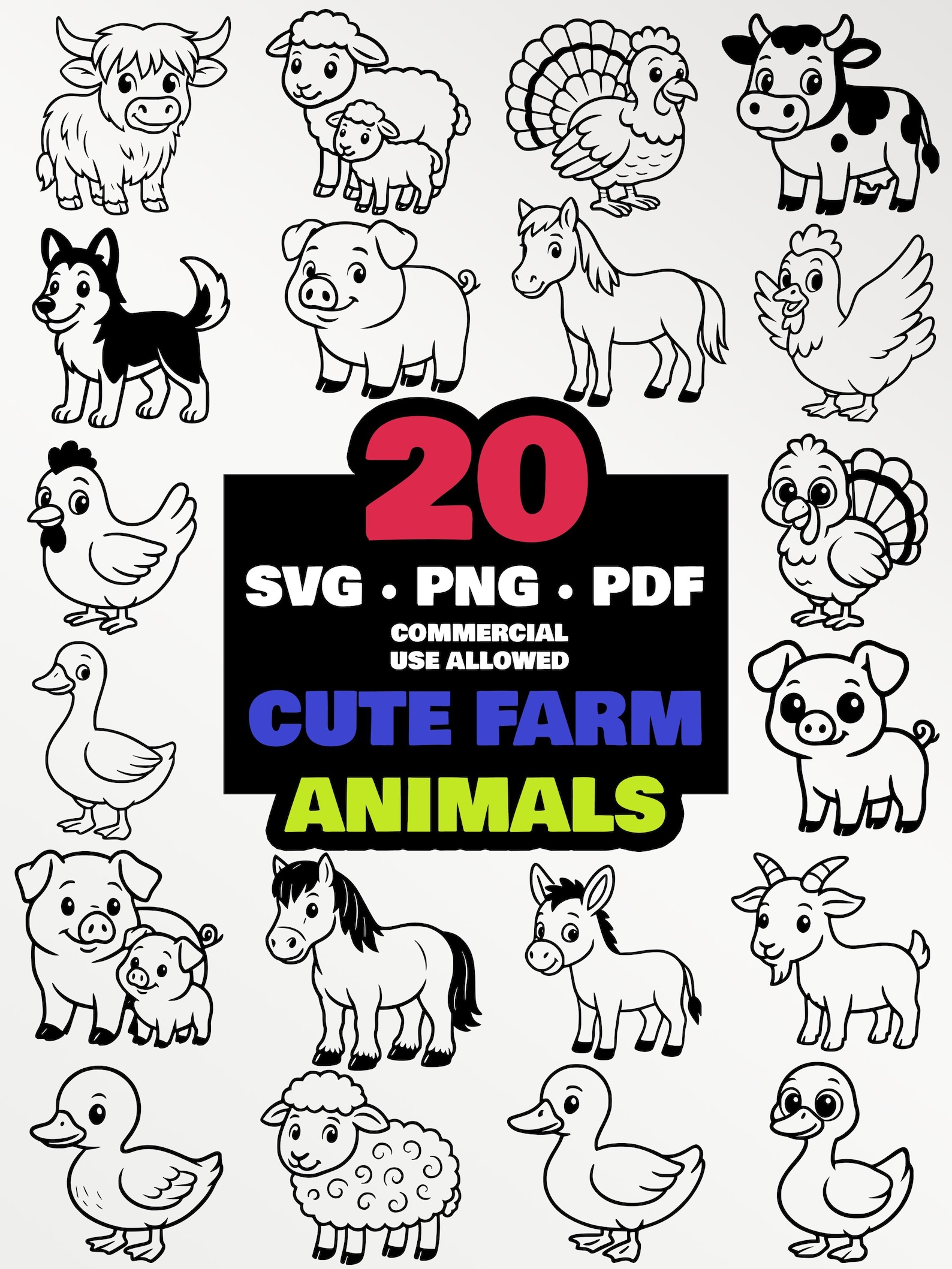 Cute Farm Animals SVG PNG Bundle | Cow Pig Chicken Goat Vector Clipart ...