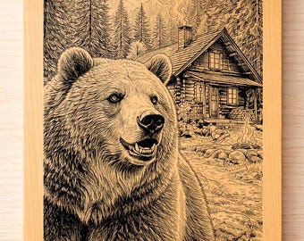 Bärenhütte Gravur SVG PNG - Rustikale Bergszene Lasergravurdatei, Wildtier Holzverbrennung Design, Waldhütte Holzgravur