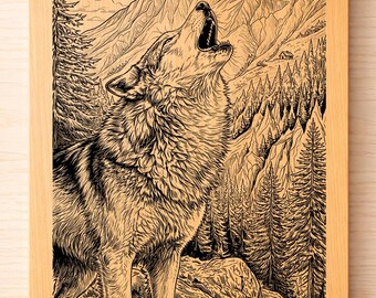 Howling Wolf Gravur SVG PNG - Bergwald Wolf Lasergravur Datei, Wildtier Holzverbrennungsmuster
