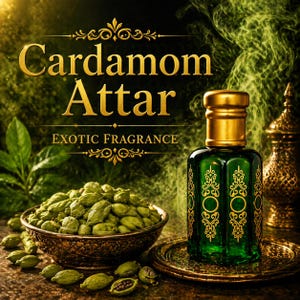 May include: A green glass bottle of cardamom attar with a gold cap and gold detailing. The image includes a bowl of cardamom pods and the text "Cardamom Attar, Exotic Fragrance."
