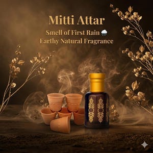 May include: A dark blue perfume bottle with gold detailing, labelled "Mitti Attar" and "Smell of First Rain". Small terracotta cups are in front of the bottle. The image has a warm, earthy tone, with a focus on natural fragrance.
