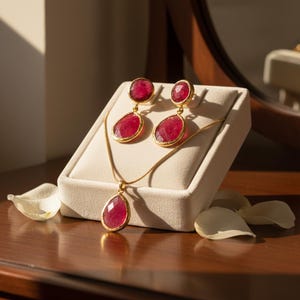 Könnte beinhalten: Ein goldfarbenes Schmuckset mit einer Halskette und Ohrringen mit großen, facettierten, roten Edelsteinen. Die Ohrringe sind im Tropfenstil gehalten, und der Anhänger hat eine Tropfenform. Das Set wird auf einer cremefarbenen Samtoberfläche präsentiert.