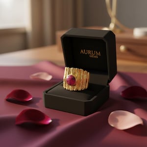 May include: A gold ring with a textured design and a large, round, red gemstone. The ring is displayed in a black box with the text "AURUM GEMS". Scattered around the box are red and pink rose petals.