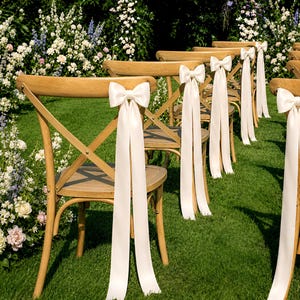 Puede incluir: Una fila de sillas de madera de color marrón claro con respaldo en cruz dispuestas sobre un césped verde. Cada silla presenta una estructura de madera lisa y un asiento, decorado con una larga cinta de satén blanco atada en un lazo en el respaldo.