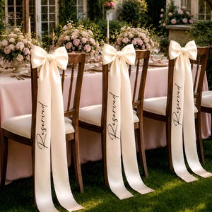 May include: Three wooden chairs with white upholstered seats, each featuring a large cream-colored satin ribbon tied into a bow on the backrest. The long ribbon tails hang down and are printed with the word Reserved in a black cursive script.