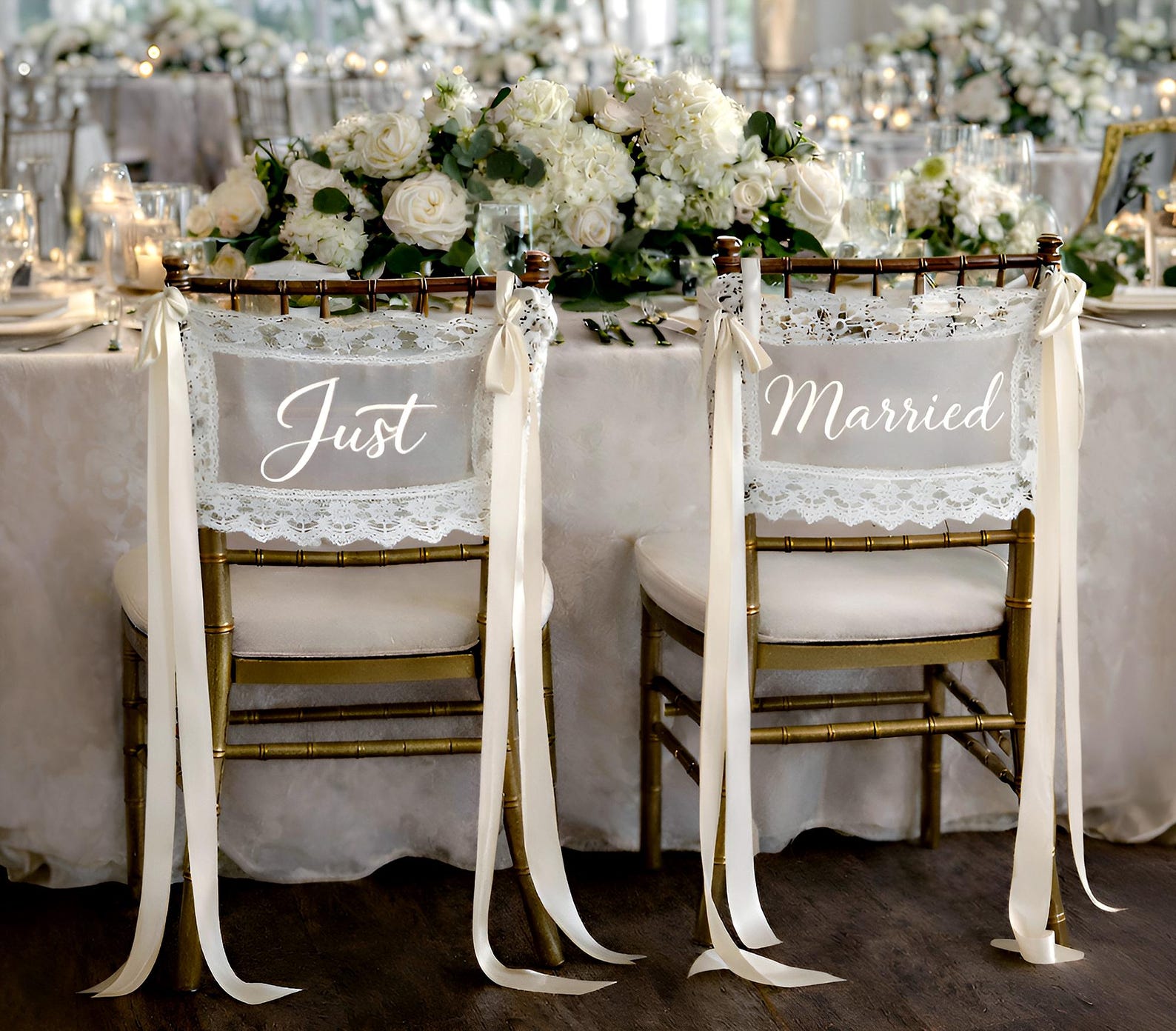 Personalized Lace Just Married Chair Sign for Bride and Groom, Just Married Wedding Chair Covers, Wedding Table Decor - #3, Just & Married