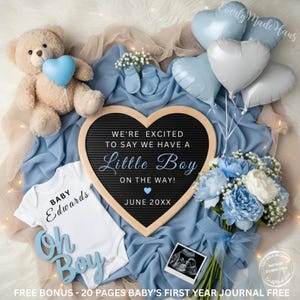 May include: A baby announcement featuring a teddy bear with a blue heart balloon, blue heart-shaped balloons, and a bouquet of blue and white flowers. The announcement includes a babygrow, a sign that says "Oh Boy", and a heart-shaped sign that says "We're excited to say we have a Little Boy on the way!"