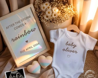 Boho Rainbow Baby Pregnancy Announcement: Minimalist Neutral Social Media IVF Baby Reveal (Editable Digital Download)