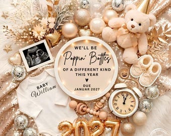 Może przedstawiać: Zestaw do ogłoszenia narodzin dziecka z białym body z imieniem William, okrągłym podświetlanym znakiem z napisem We'll Be Poppin' Bottles Of A Different Kind This Year, zdjęciem USG, pluszowym misiem, bucikami i złotymi balonami 2027 na cekinowej tkaninie.