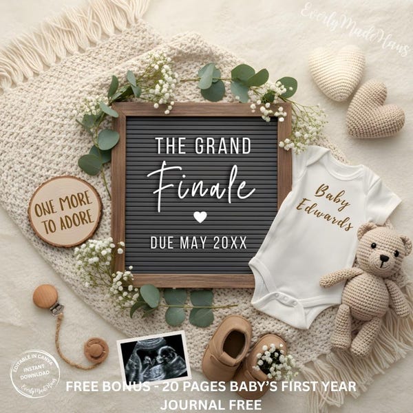 Aankondiging laatste babyzwangerschap, Boho The Grand Finale Baby Reveal: bewerkbare sjabloon voor neutrale sociale media (digitale download)